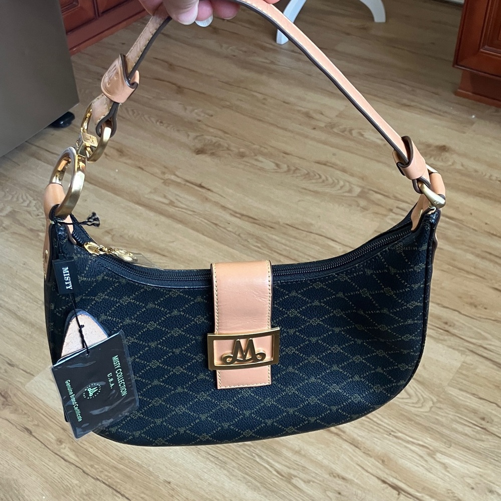 NWT Misty Collection genuine Leather Black and Tan shoulder bag 11”x 13” inches